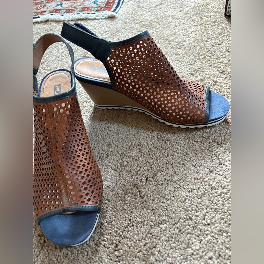 Pikolino brown with blue accents wedge sandals.